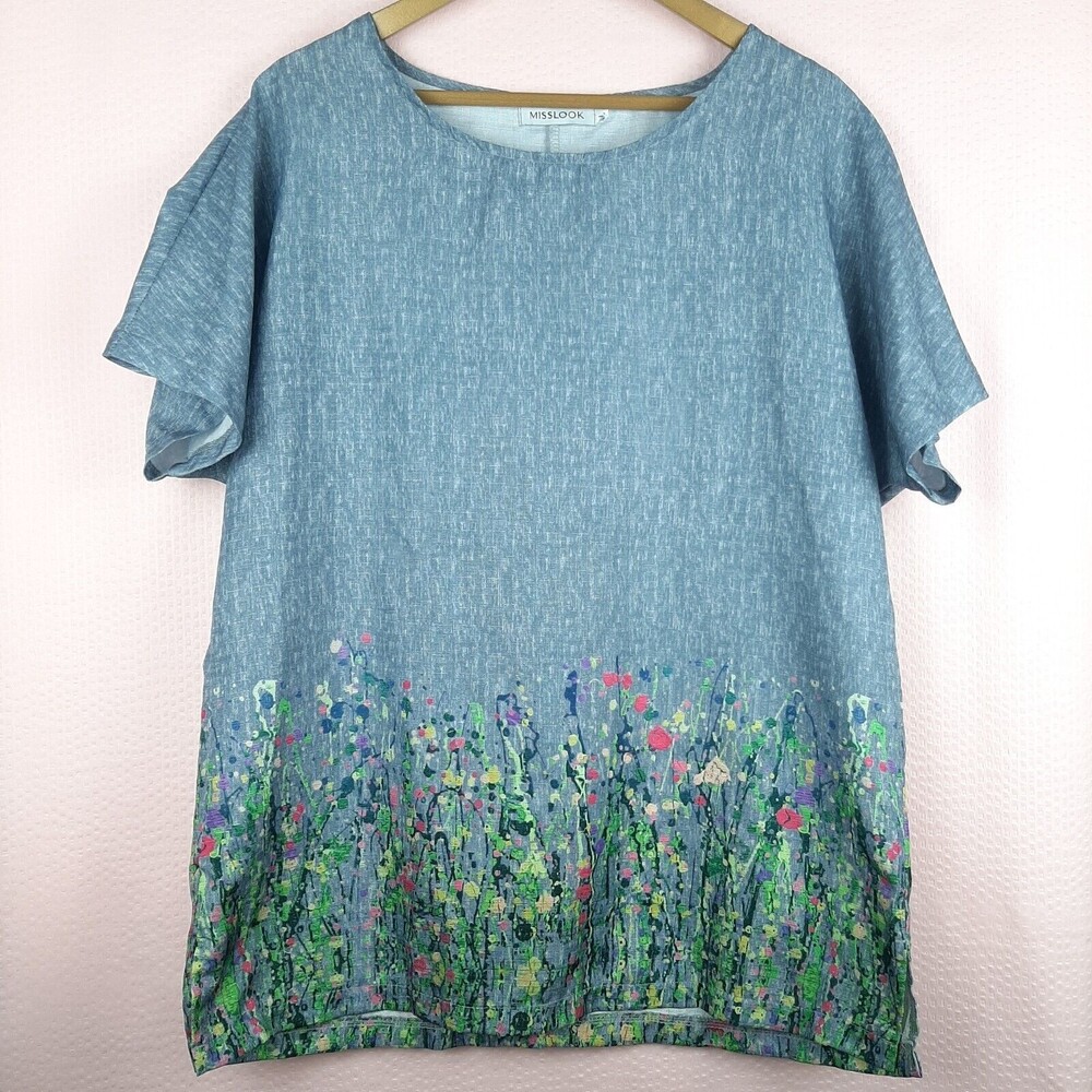 Misslook Women T Shirt Gray Wild Flowers Top Short Sleeve Dolman Size L